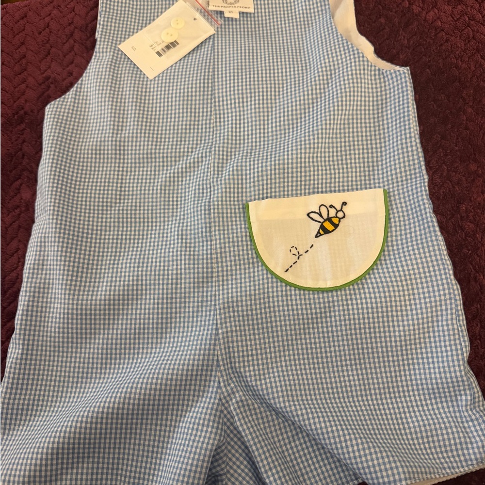 The Proper Peony Light Blue Gingham Kids Romper with Bee Pocket